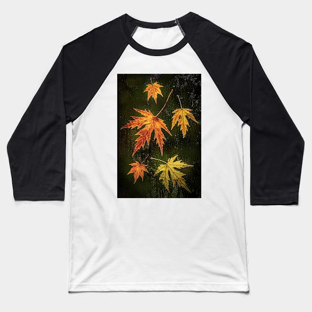 Acer Leaves on a Window with Raindrops Baseball T-Shirt by TonyNorth